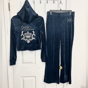 NWT Juicy Couture Velour Tracksuit Set Rhinestones Crown Logo Regal Blue Small S